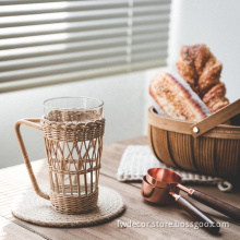 custom Rattan Weaving drinking glass with handle